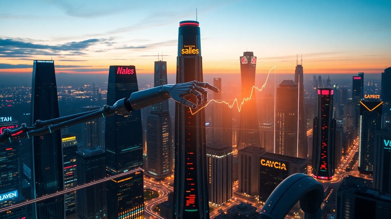 AI and sales enablement concept with futuristic cityscape.