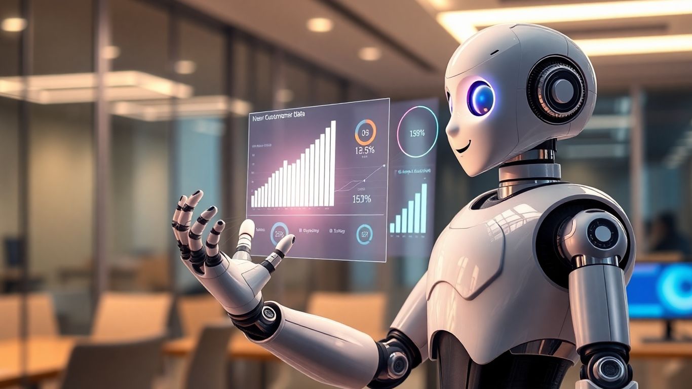 AI sales representative interacting with data visualization.