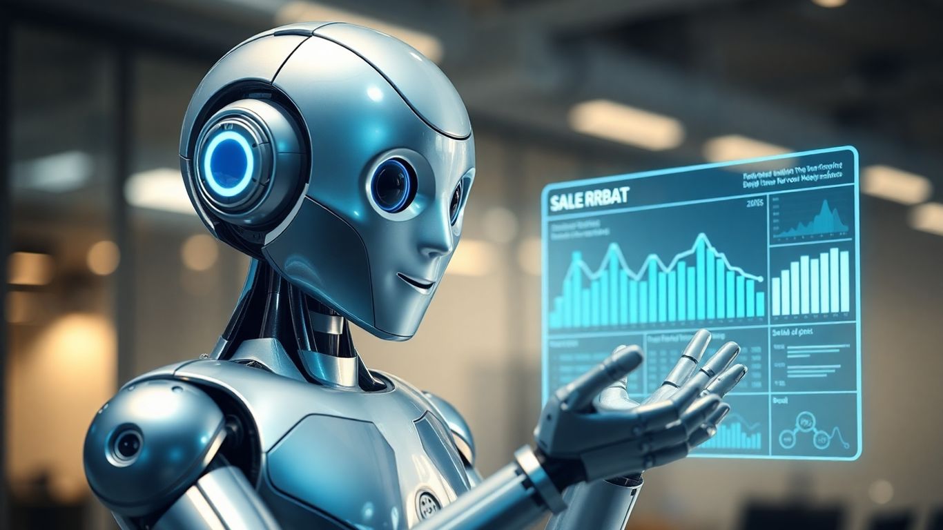 AI sales representative interacting with holographic sales data.