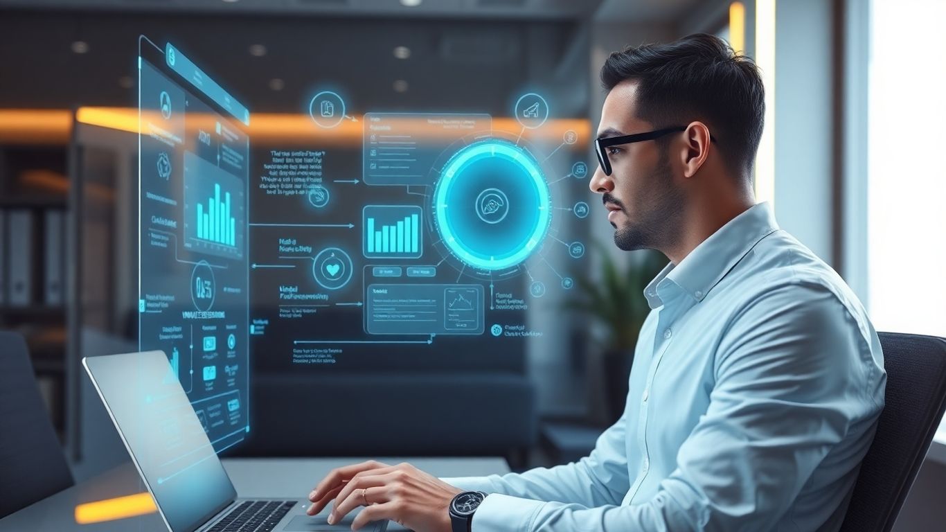 AI assisting sales professional with futuristic interface.