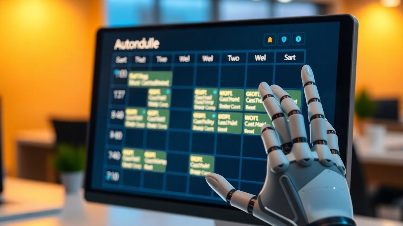 AI appointment setter interface with calendar and robotic hand.