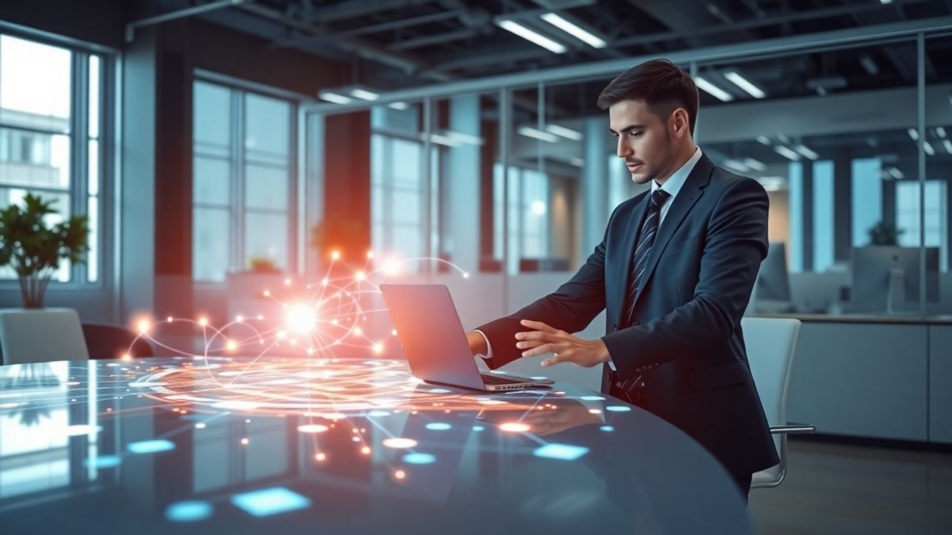 AI sales assistant interface in a modern office.