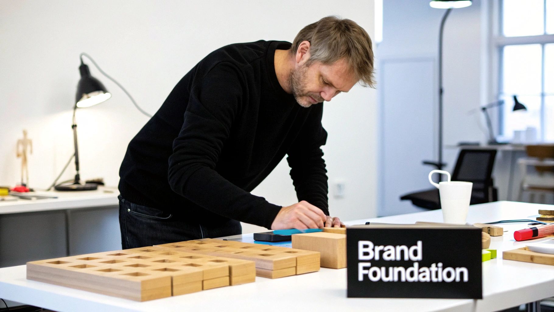 A person working at a desk with a computer, representing the foundational work of a brand with white label services.