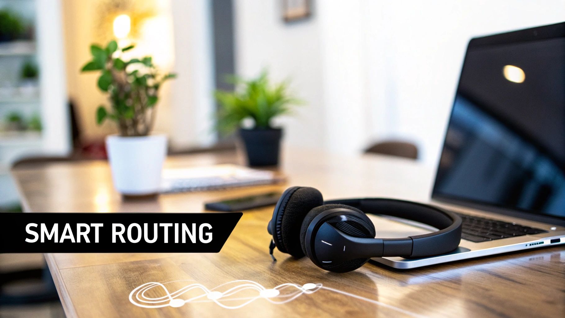 Person interacting with a futuristic AI interface for call routing