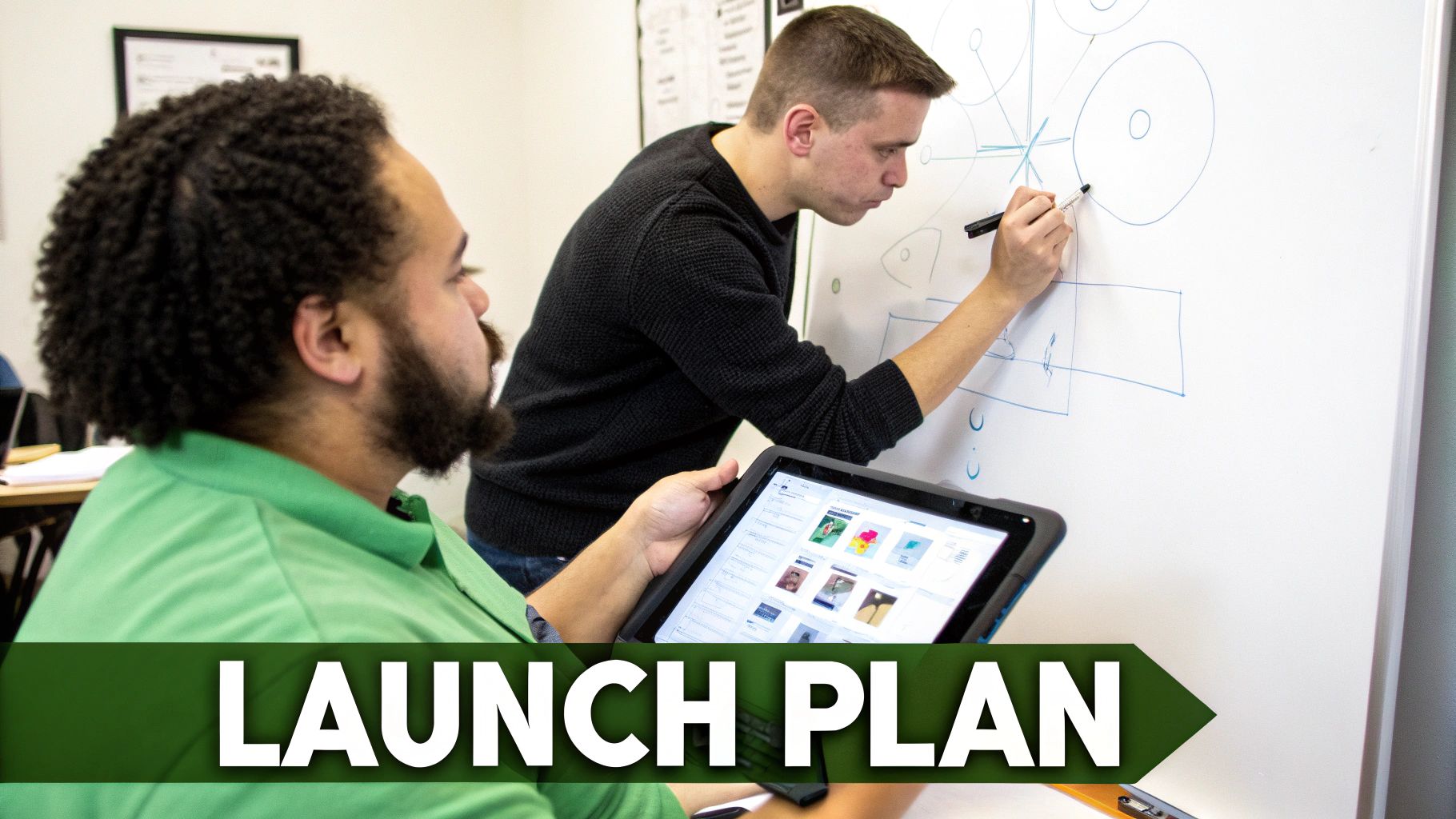 A person at a desk planning out a call flow on a whiteboard