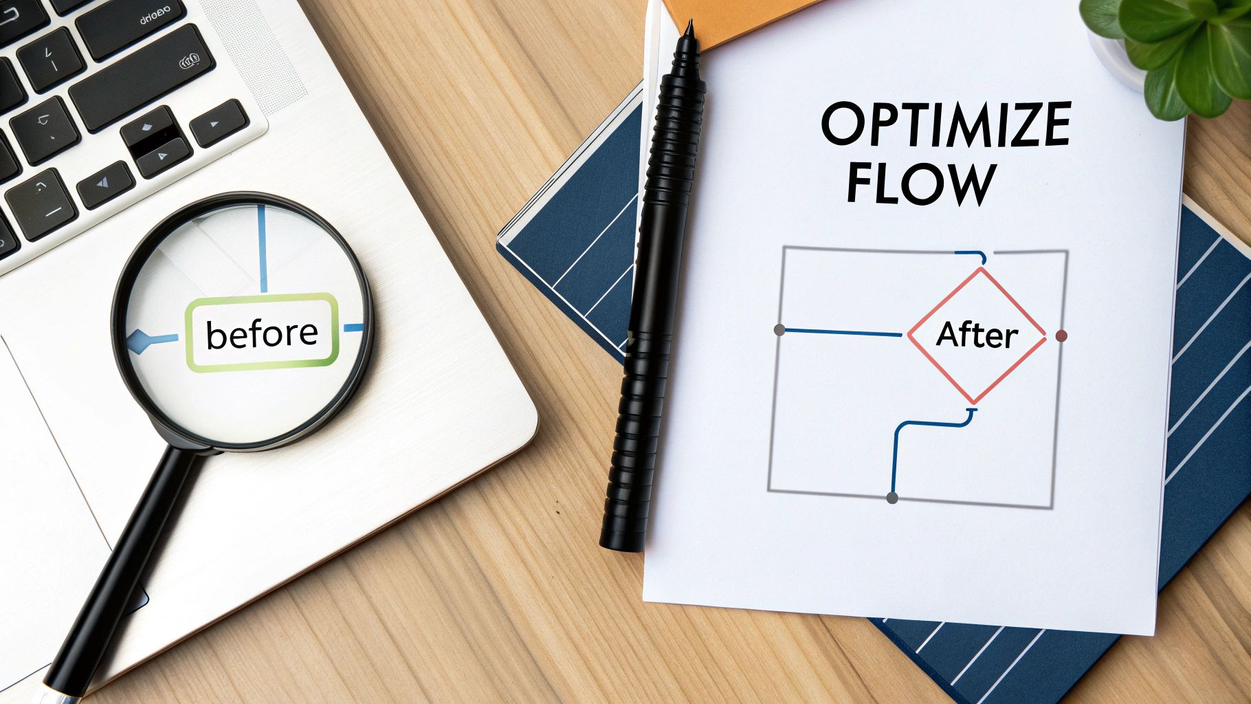 A business professional analyzing a flowchart on a glass wall, looking for improvements.