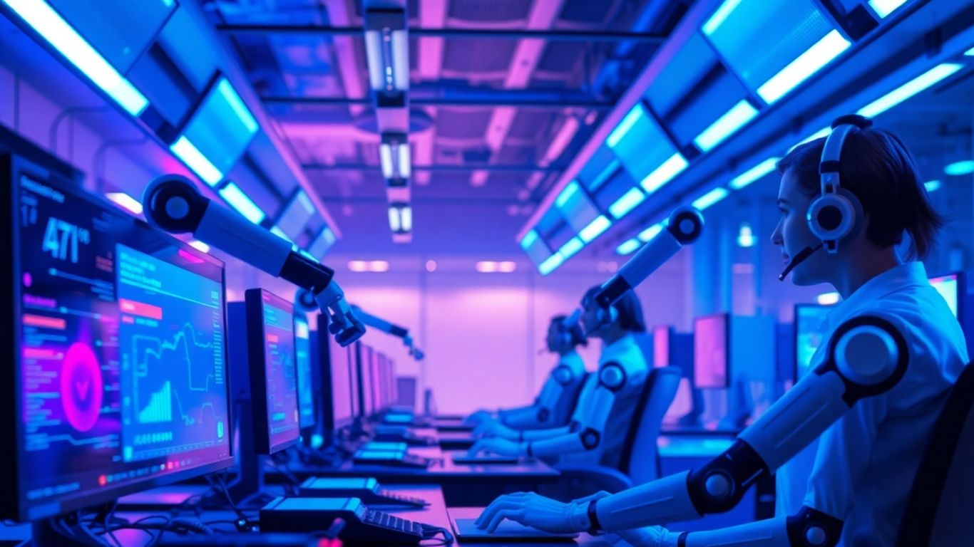 AI voice agents in a futuristic call center.