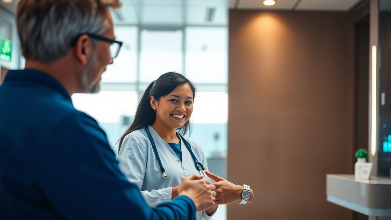 Nurse and patient in a modern healthcare setting.