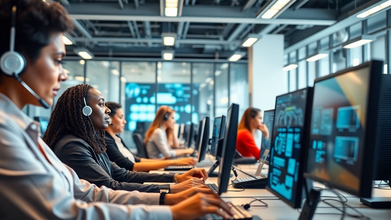 Call center agents working with AI technology