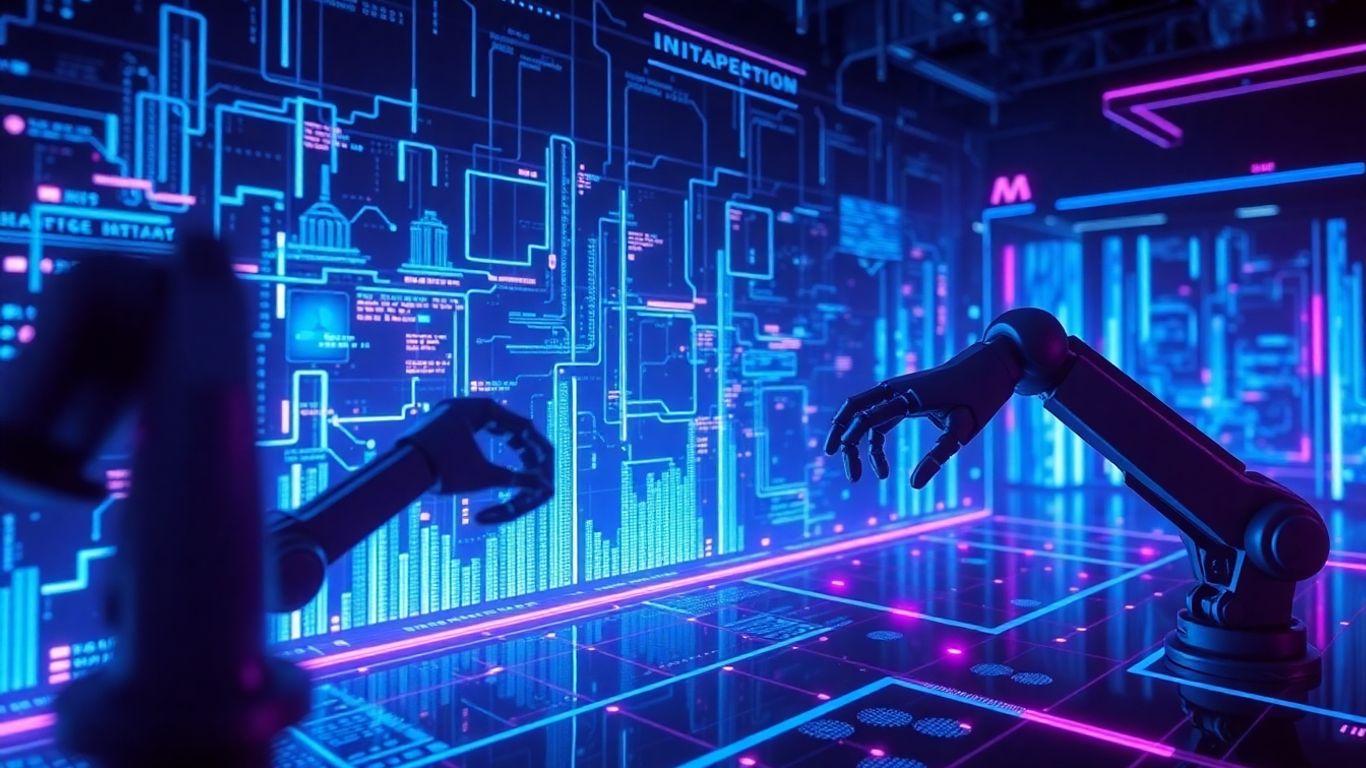 AI interface with data streams and robotic elements.