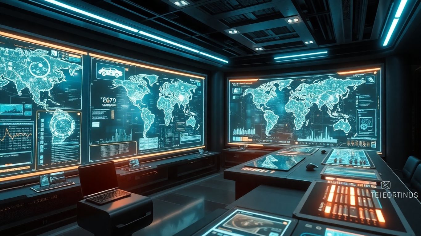 Futuristic logistics control room with holographic displays.