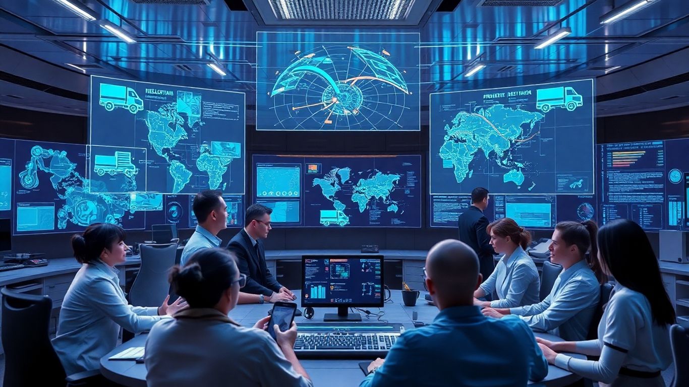 Logistics control center with AI and holographic displays.