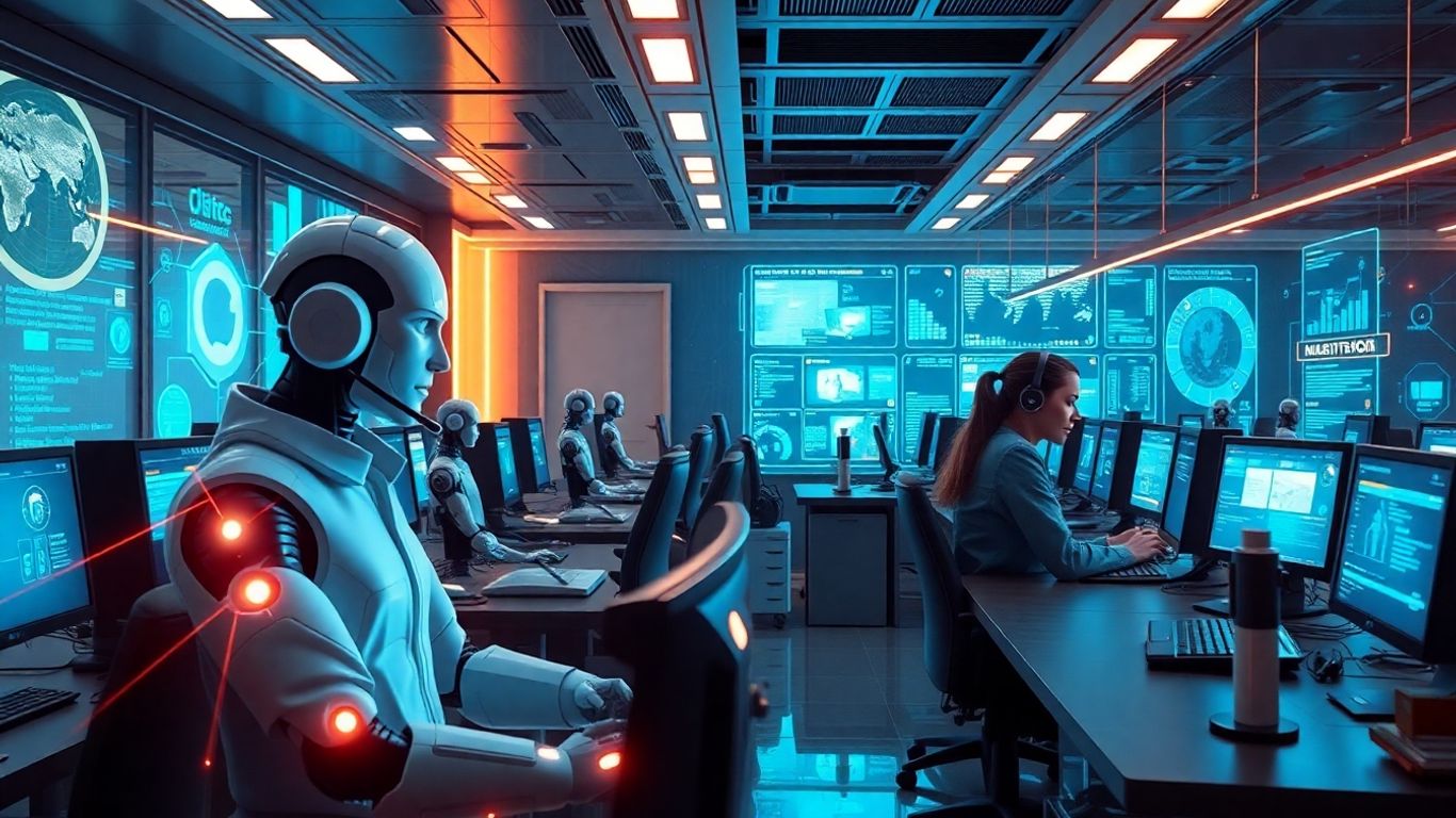 AI and robots in a futuristic call center.