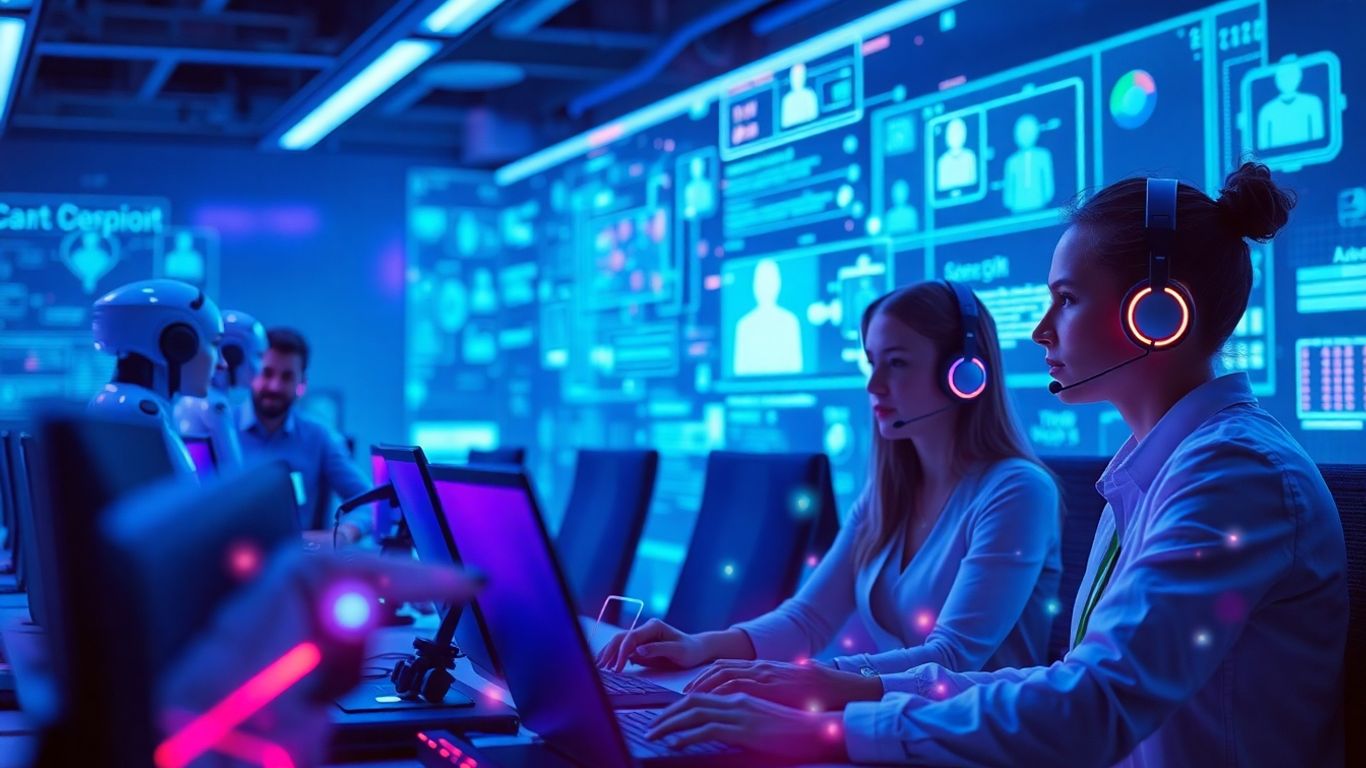 AI call center automation with futuristic interfaces.