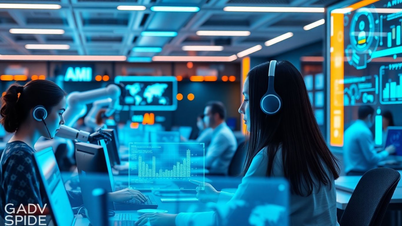 AI agents and human agents in a futuristic call center.