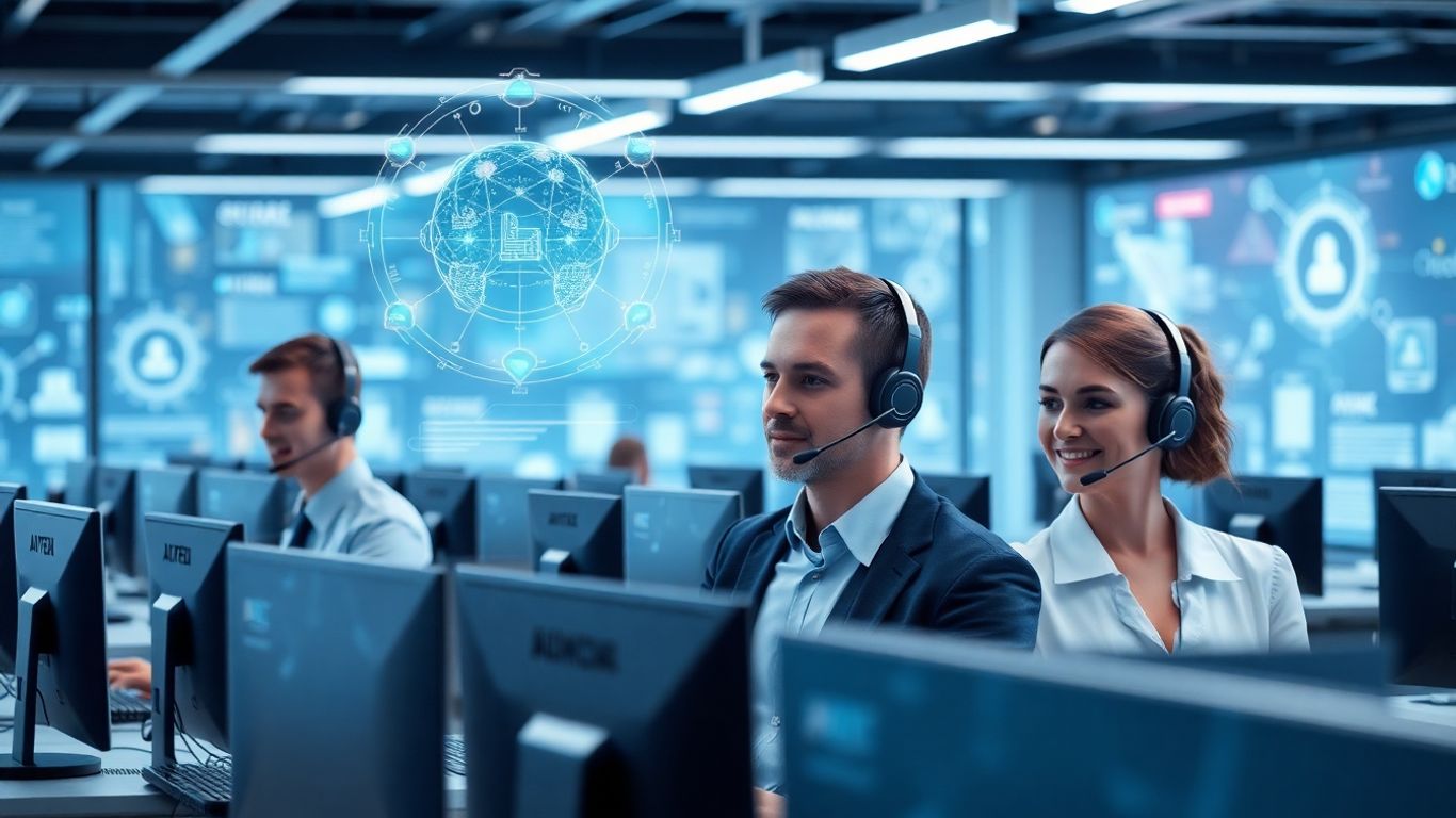 AI assisting call center agents with futuristic interfaces.