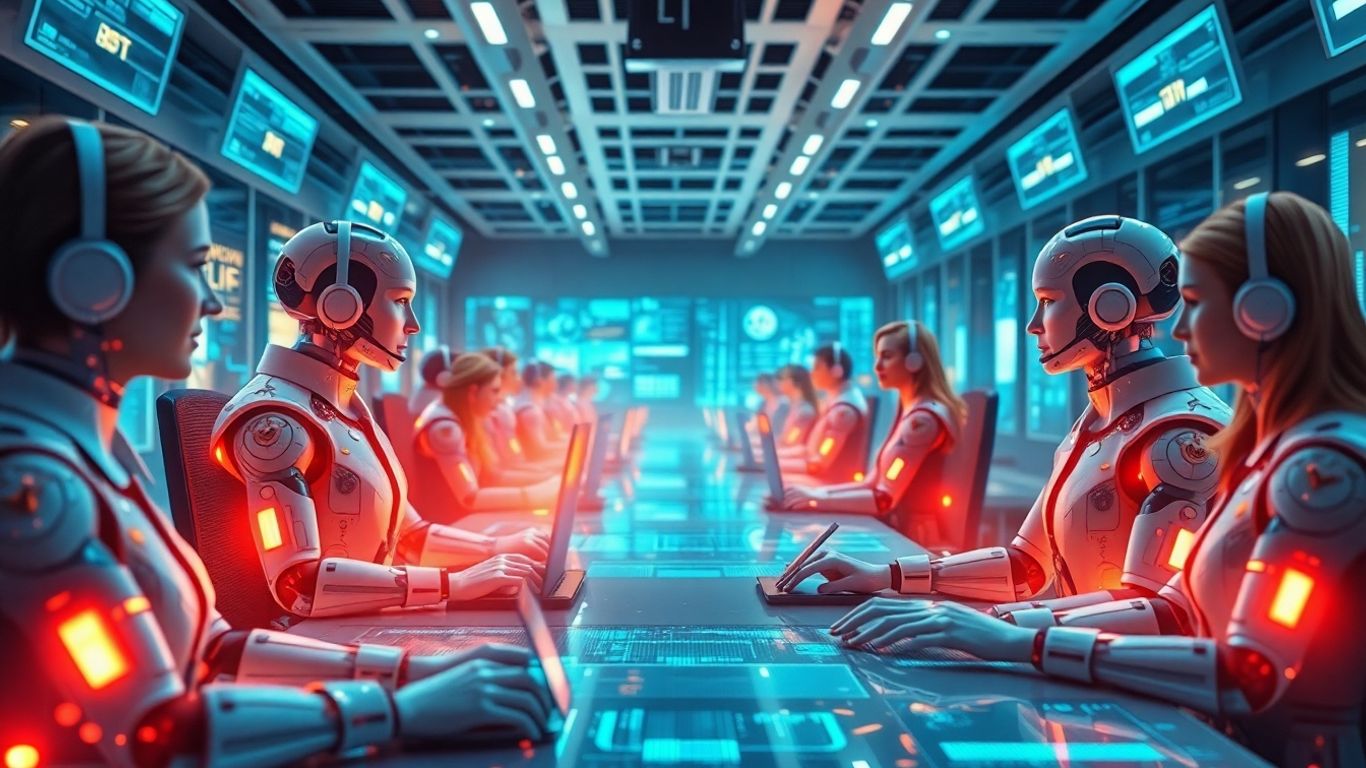 AI and human agents in a futuristic call center.