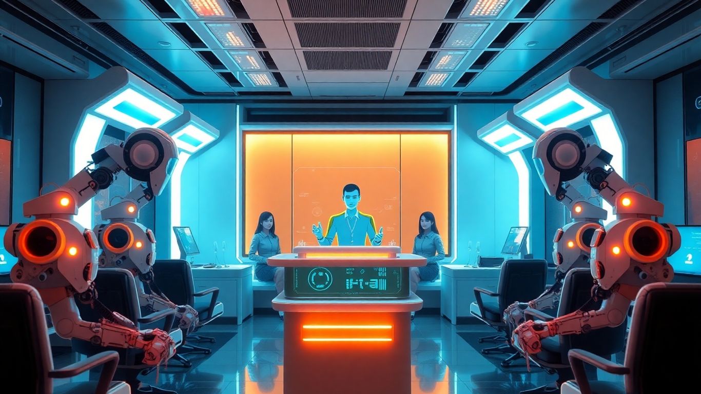 AI receptionist in a futuristic call center
