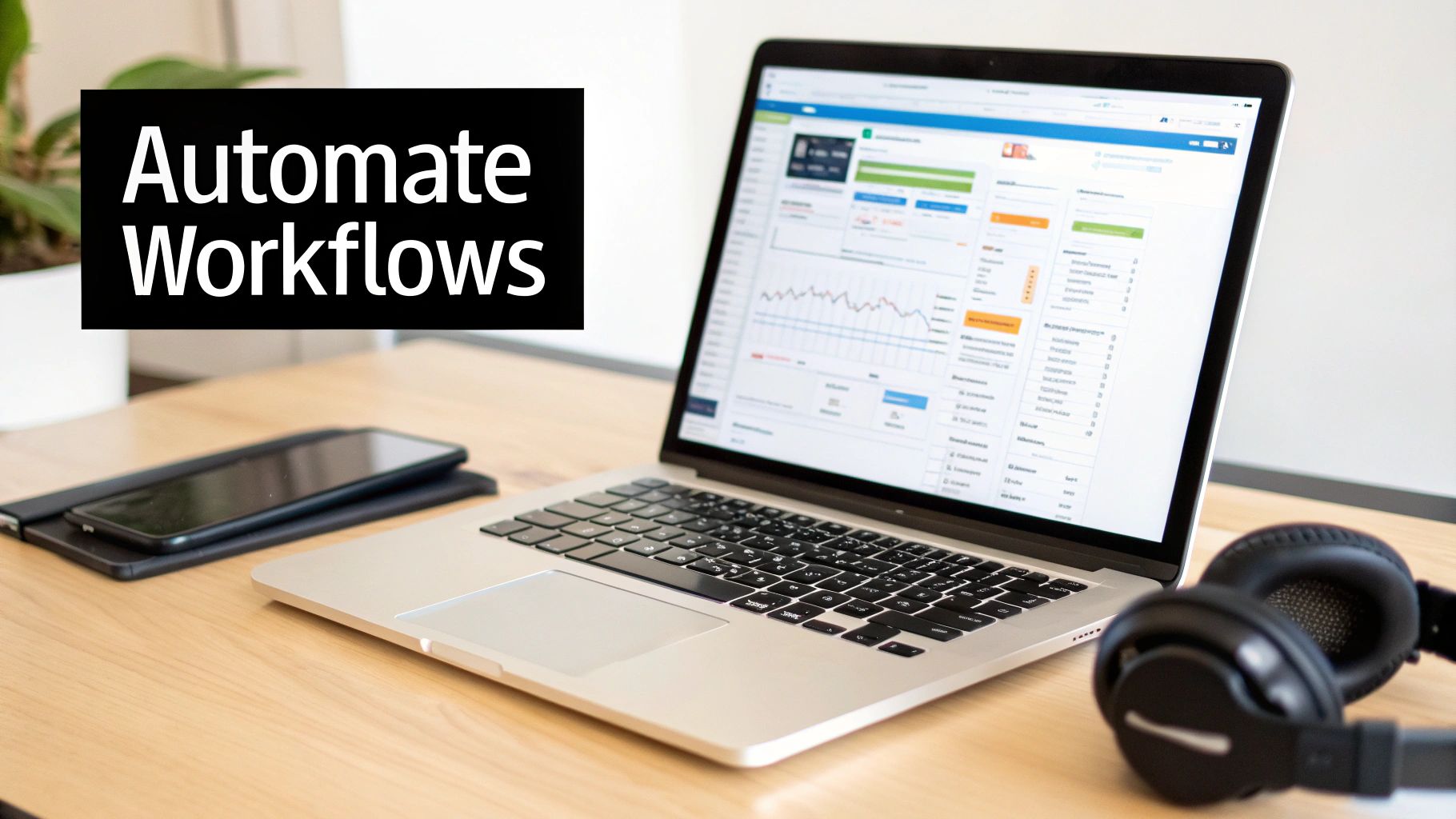 A person interacting with a digital interface showing charts and automation workflows