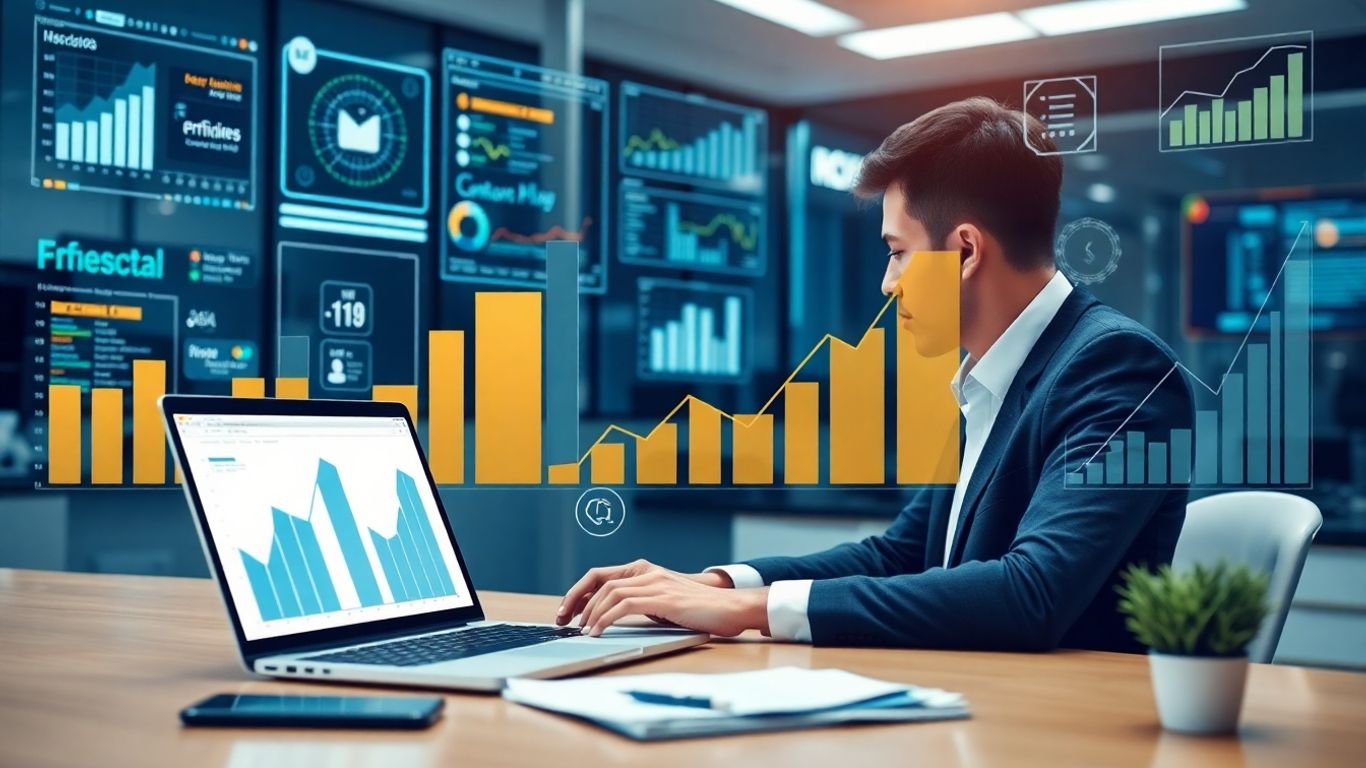 Virtual assistant working on laptop in modern office