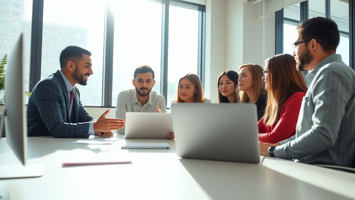 Team collaborating in a modern office.
