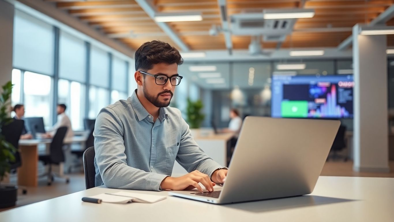 Virtual assistant working on a laptop in an office.