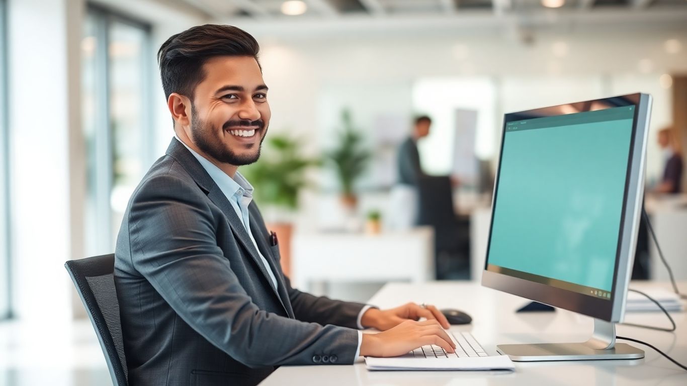 Insurance agent working efficiently at a desk.