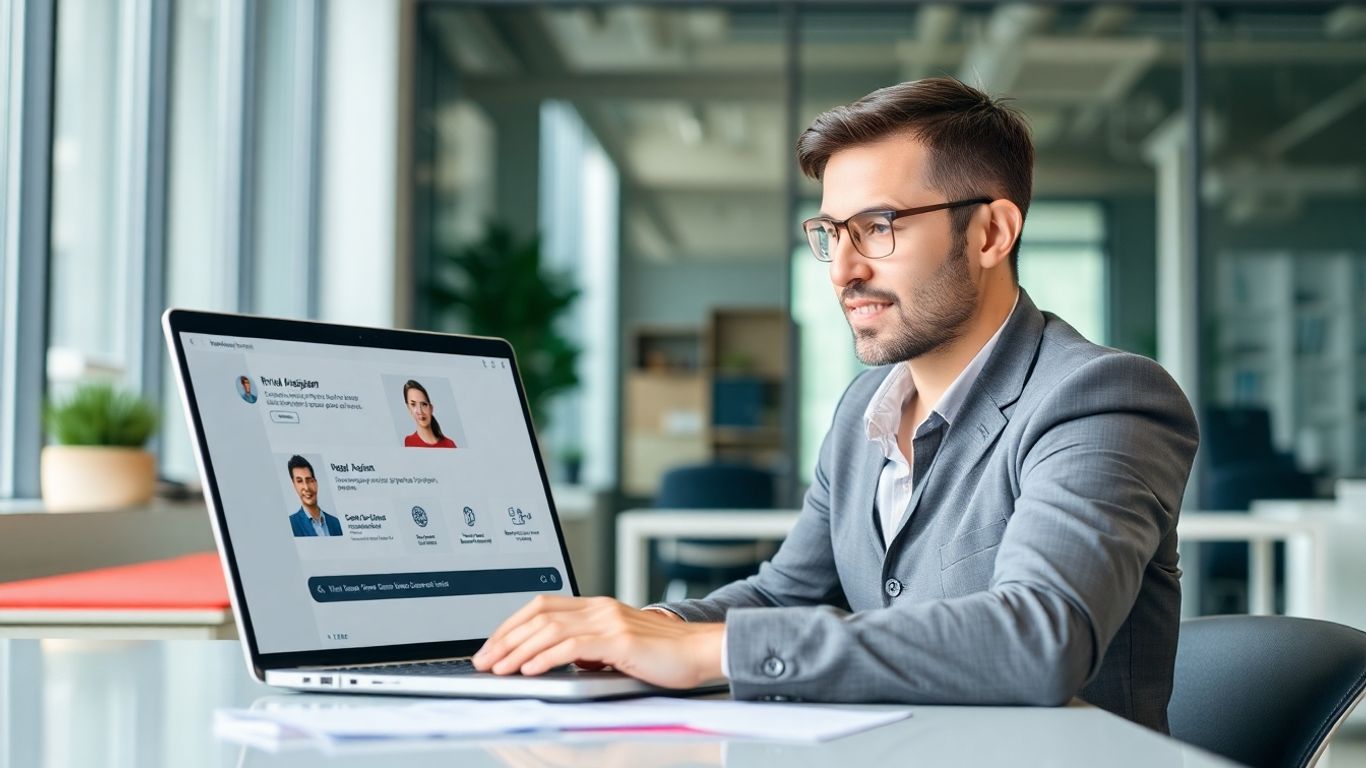 Insurance agent using virtual assistant on laptop