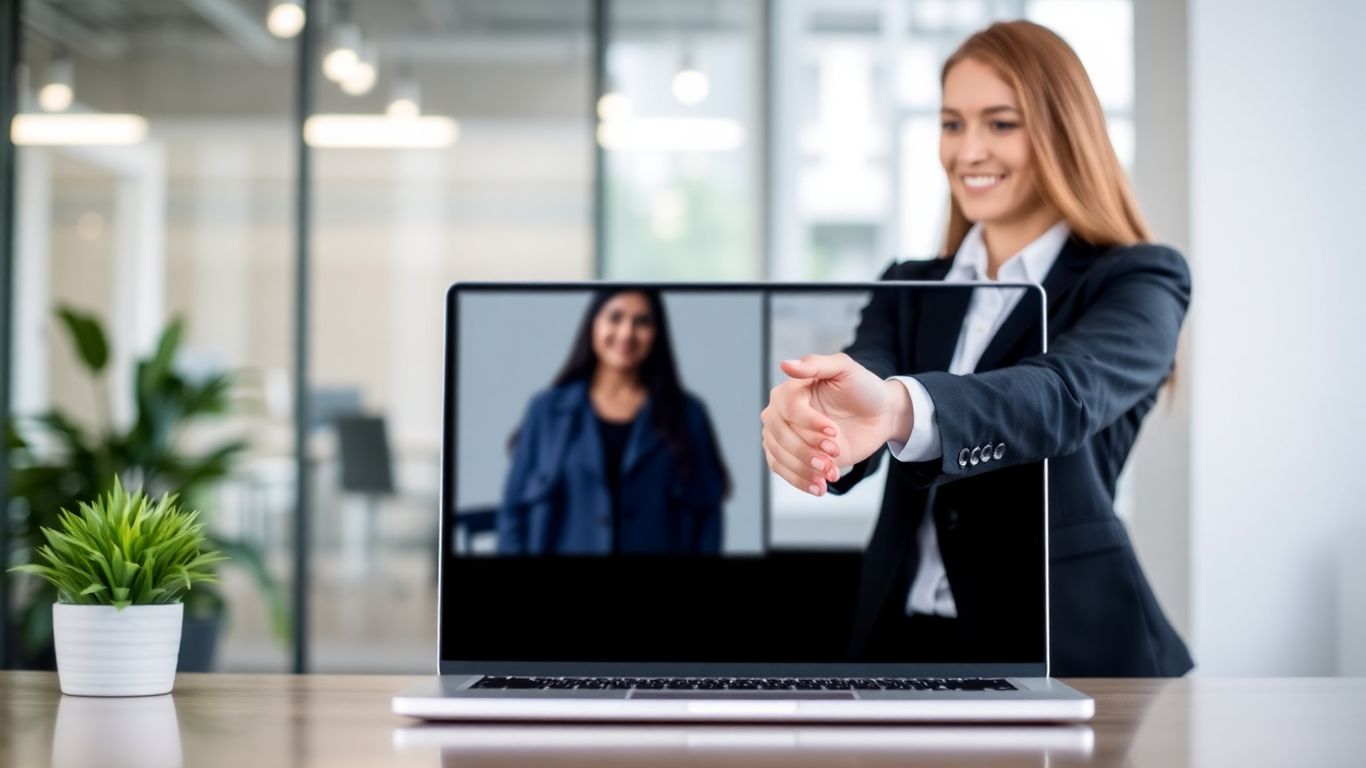 Professional handshake across a laptop screen