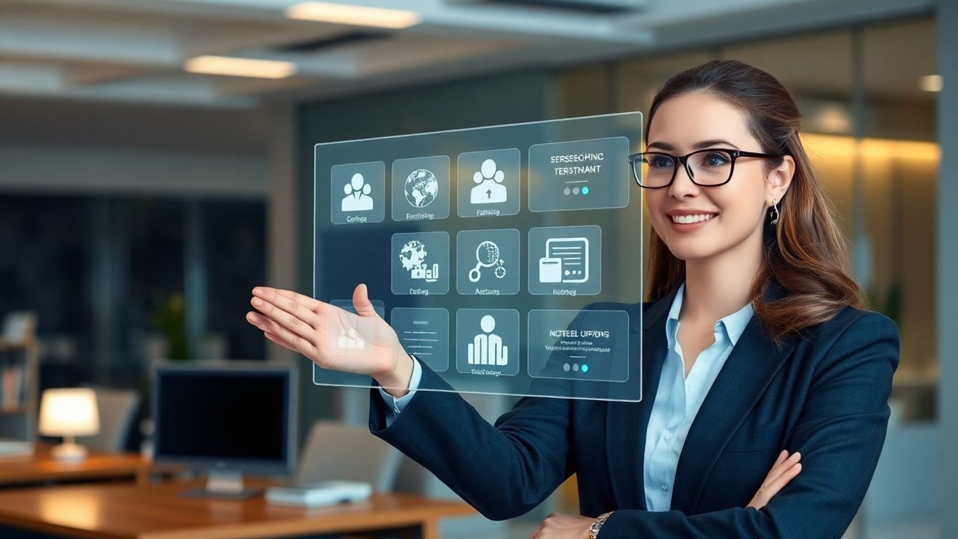 Businesswoman using virtual assistant technology