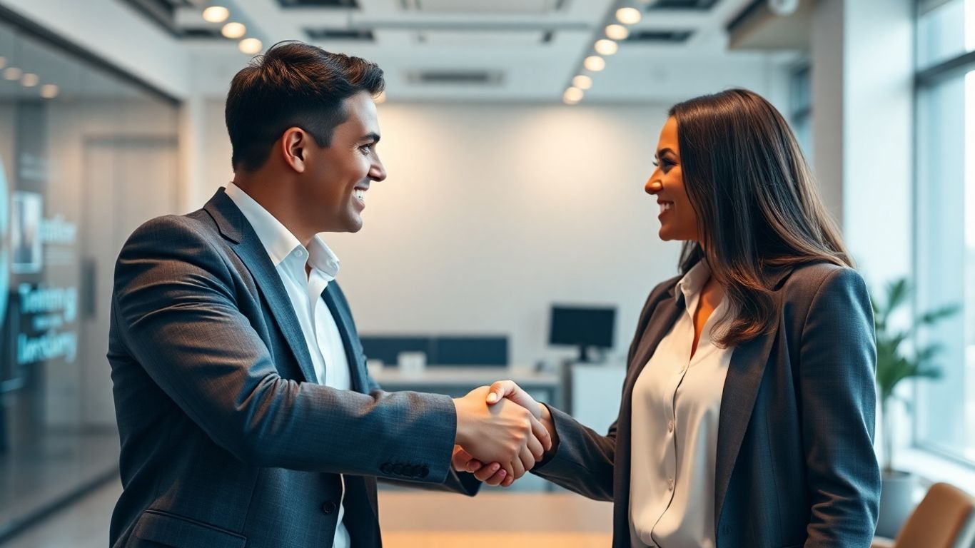 Business partners shaking hands in an office.