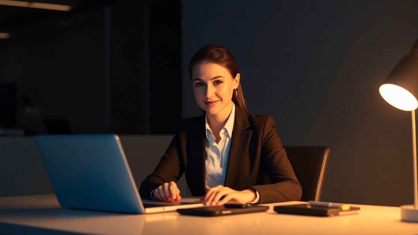 Businesswoman managing tasks with advanced technology.