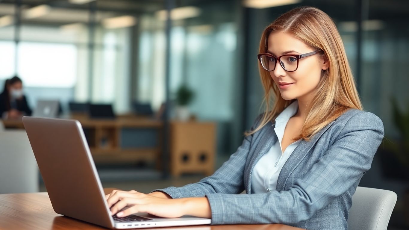 Businesswoman working efficiently on a laptop.