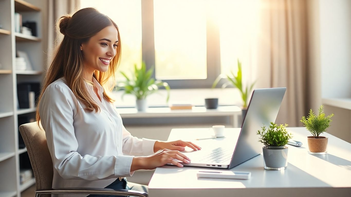 Woman working remotely in home office