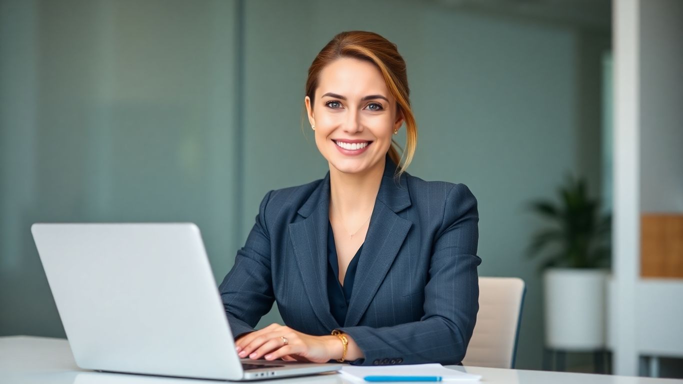 Professional woman at a desk with a laptop.