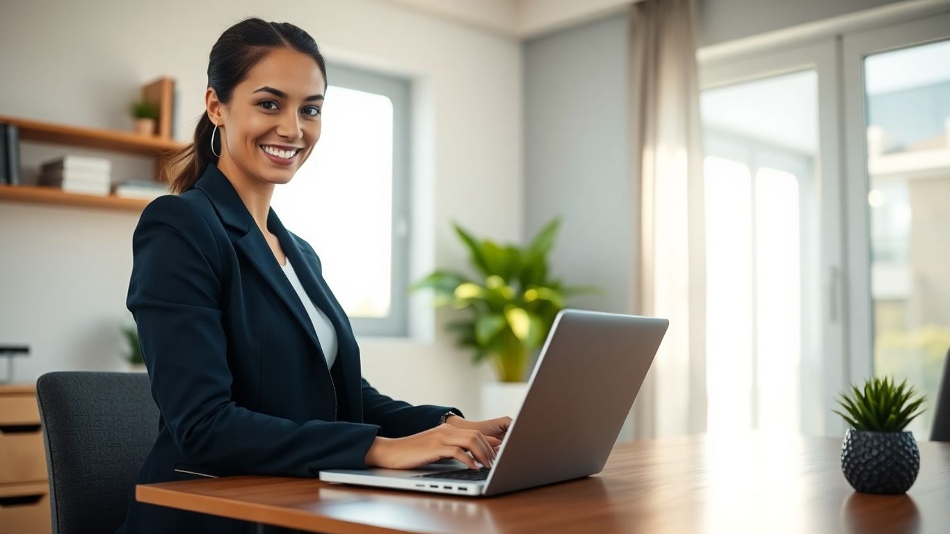 Professional woman working remotely on laptop
