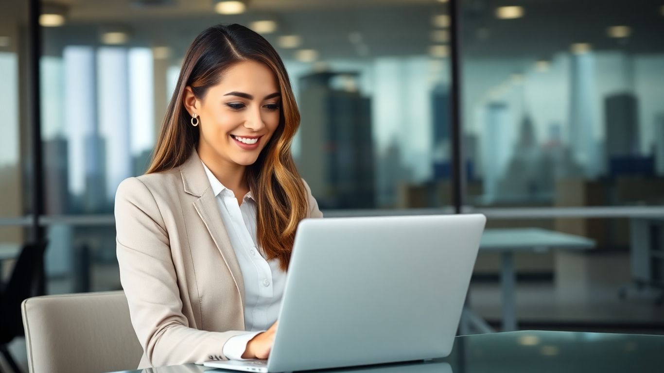 Virtual assistant staffing agency professional working on laptop