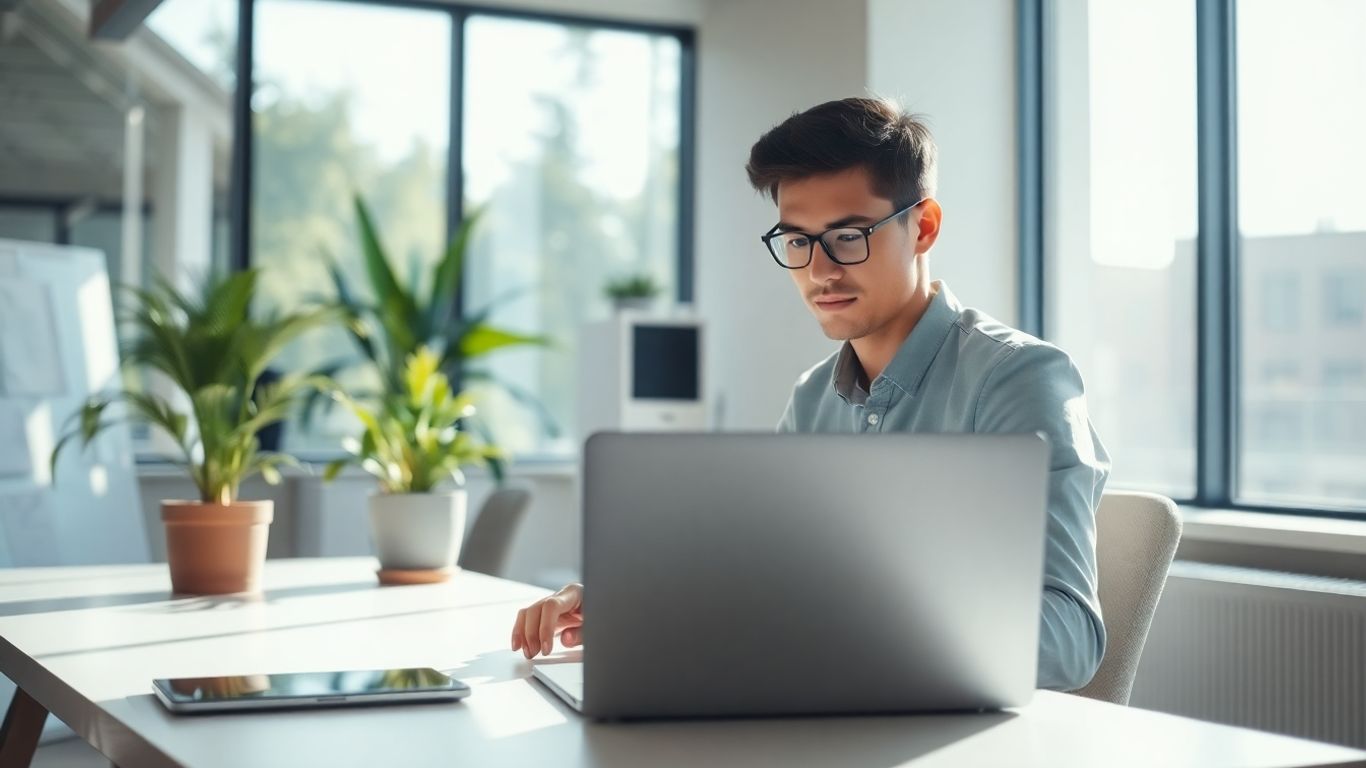 Marketing professional working on laptop in office