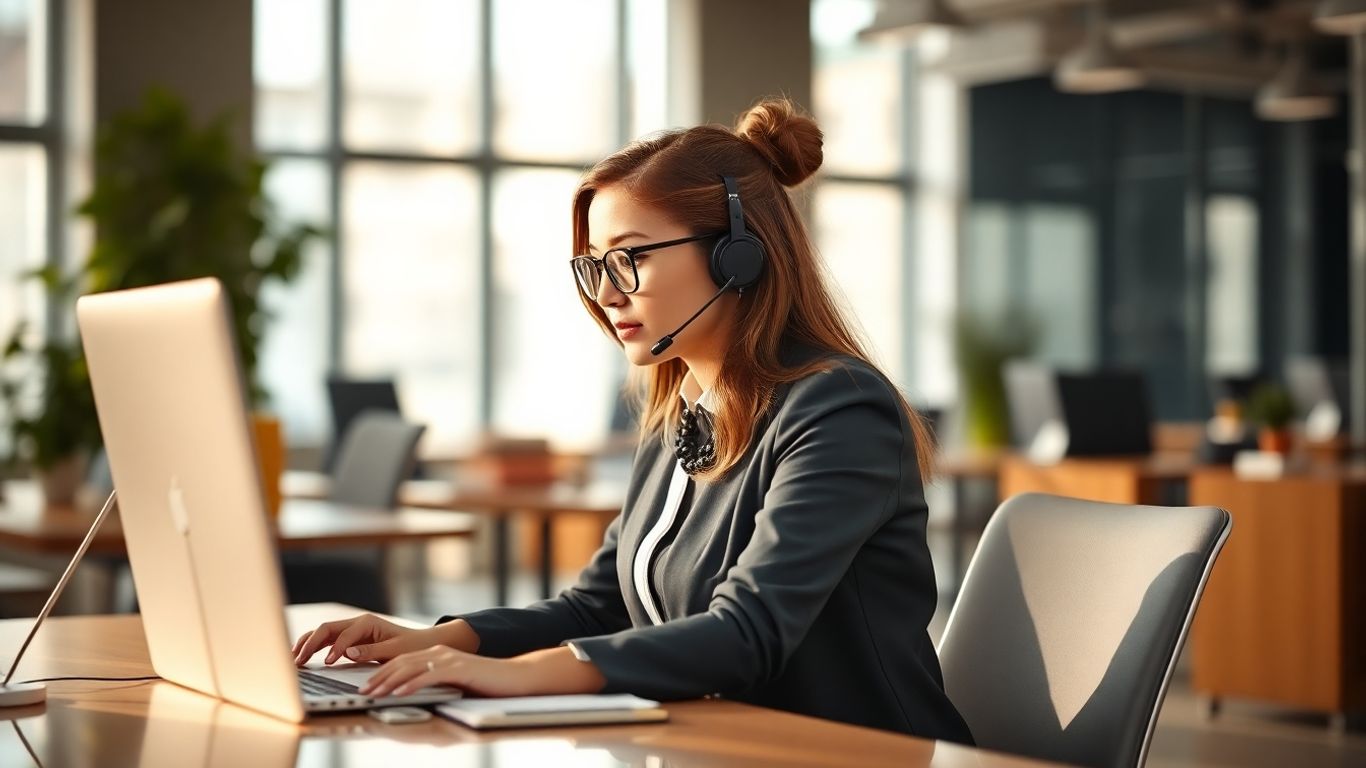 CrewBloom virtual assistant working at a desk.