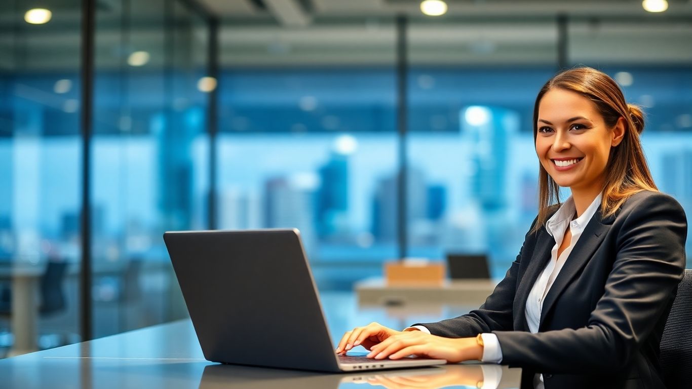 Woman working on laptop in modern office