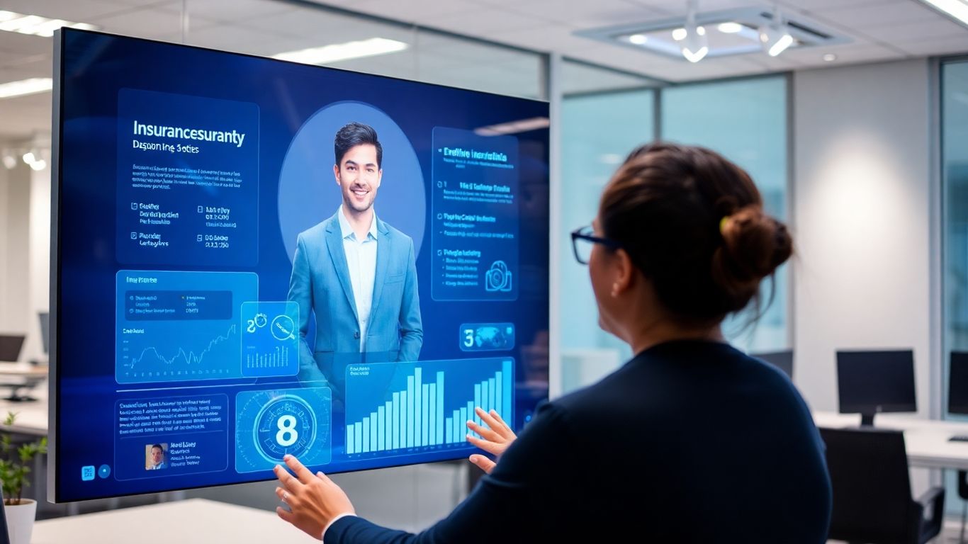 Virtual assistant helping insurance agent with holographic interface.