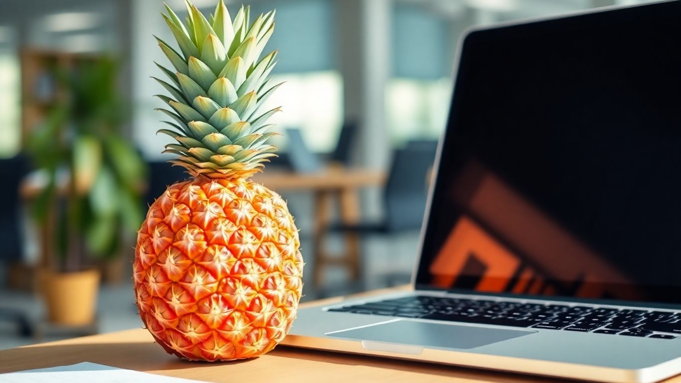 Pineapple and laptop on a desk