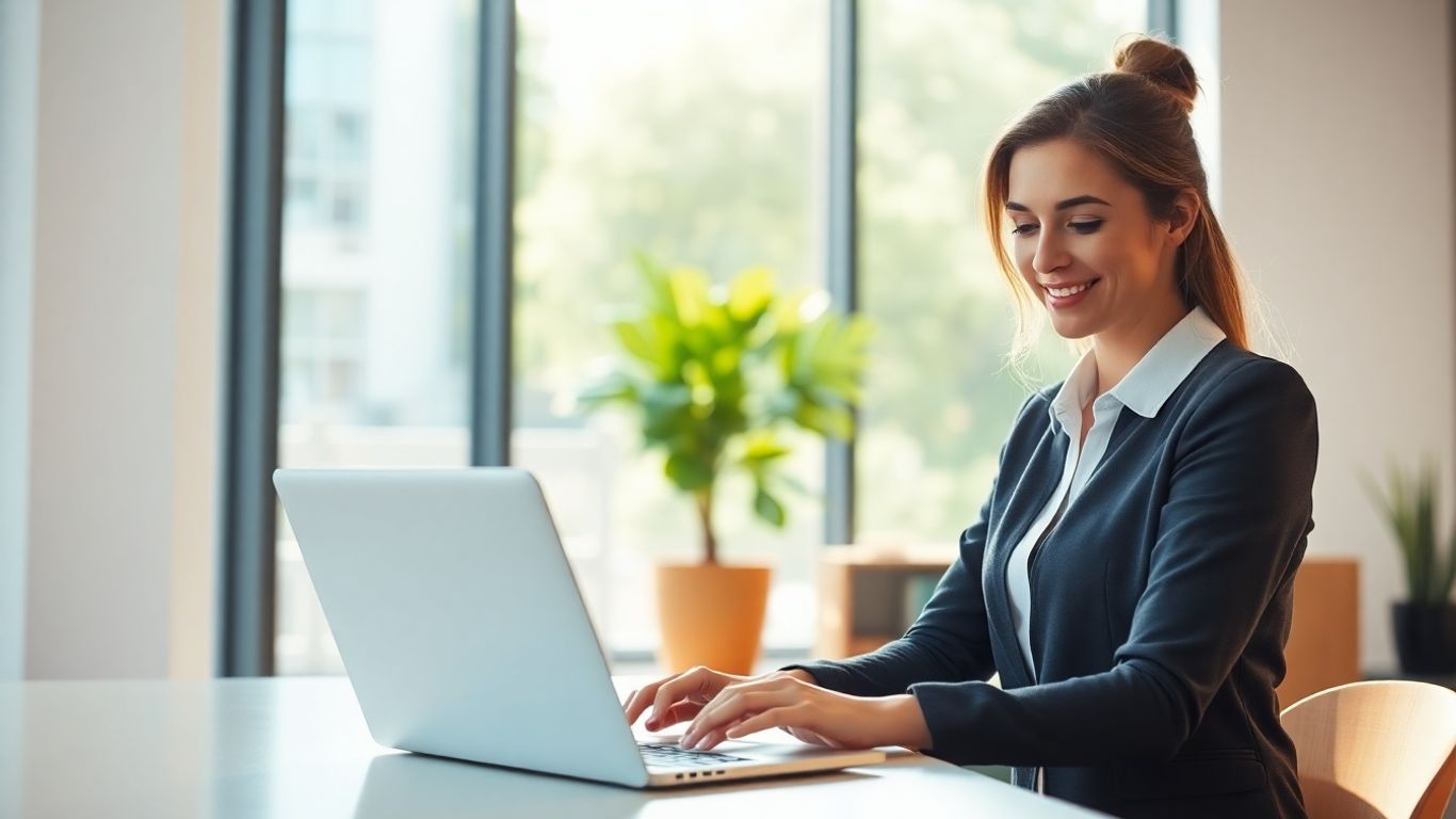 Businesswoman working on laptop in modern office