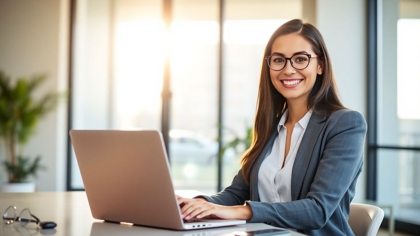 Professional woman working on laptop in office