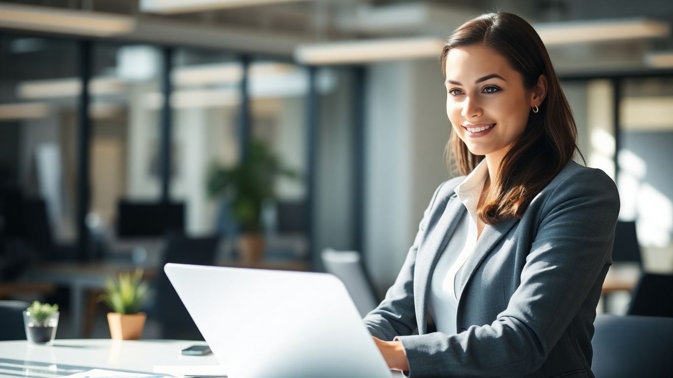 Professional woman working on laptop in office