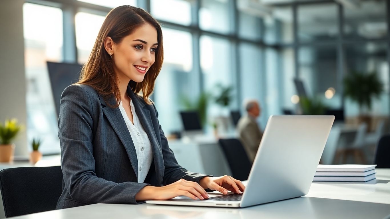 Professional woman working on laptop in office