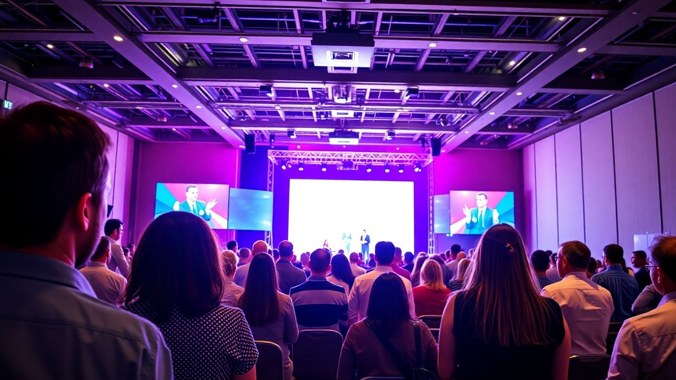 Virtual assistant conference with speakers and attendees.