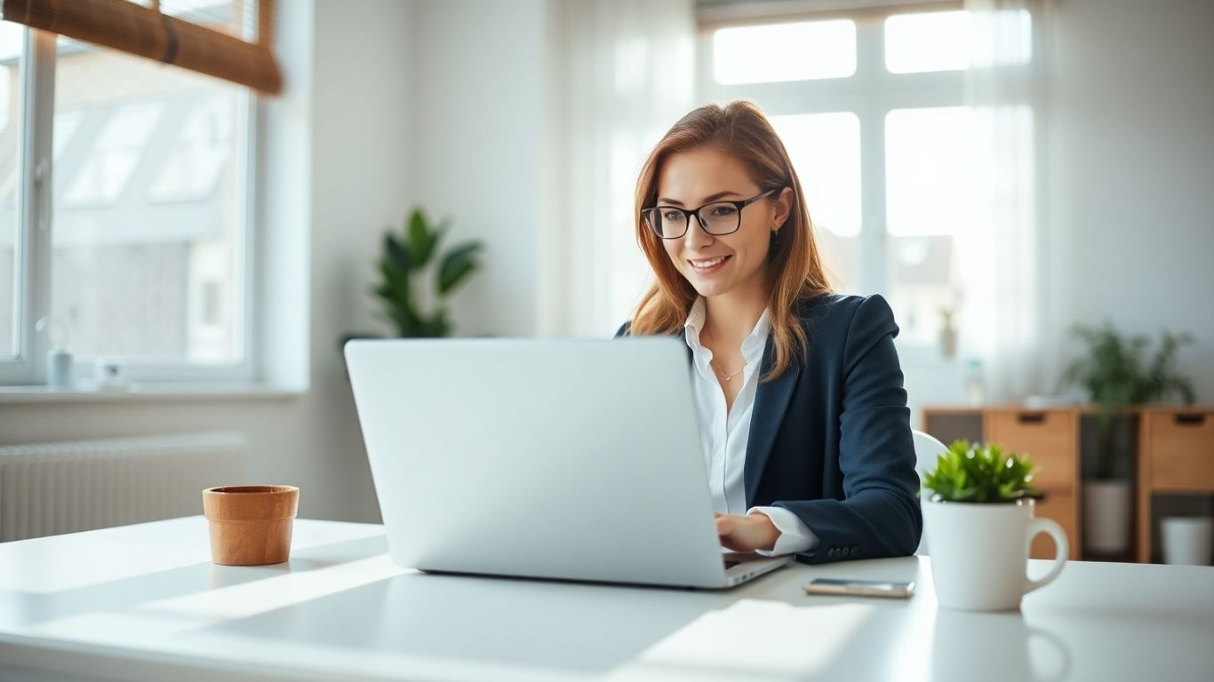 Woman working on laptop in home office