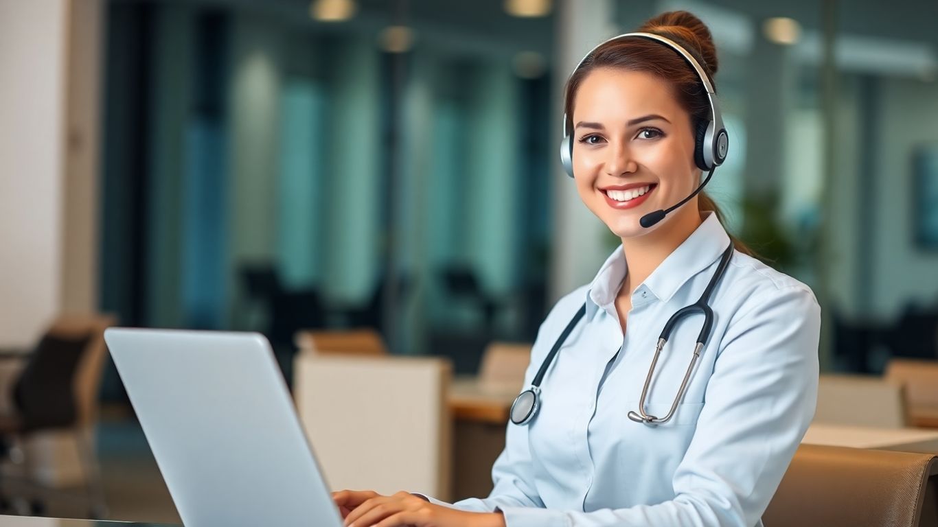Medical virtual assistant working efficiently on a laptop.
