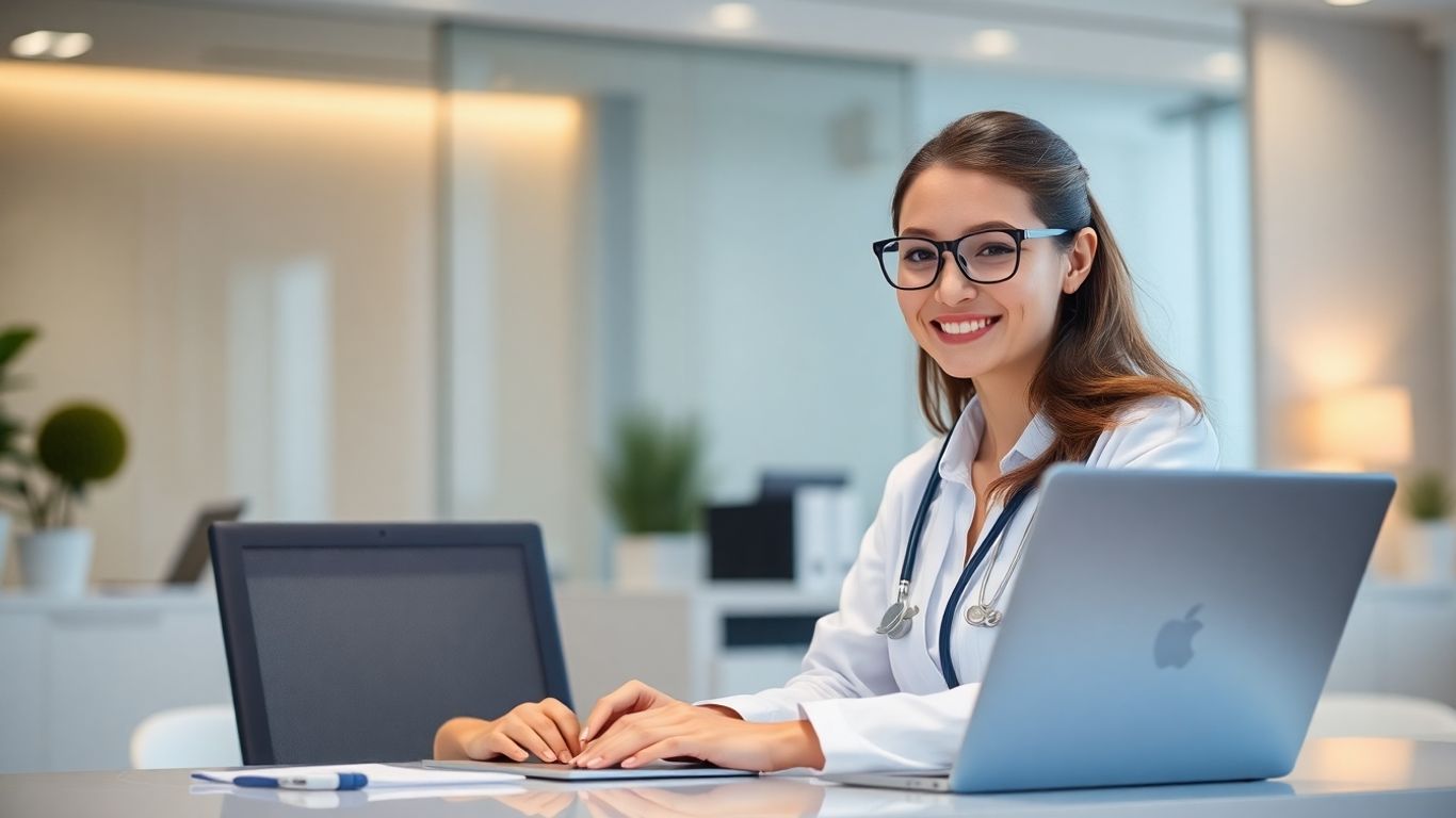 Medical virtual assistant working in a modern office.